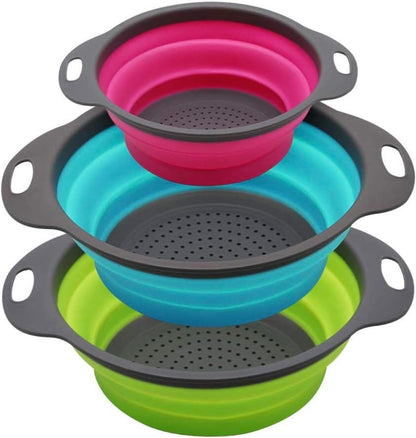 Set of 3 Niklye Ultimate Kitchen Strainers—1×10” & 2×12” Collapsible Silicone Colanders. Now more durable and robust for everyday use with pasta, veggies, fruit & more.