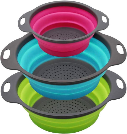 Set of 3 Niklye Ultimate Kitchen Strainers—1×10” & 2×12” Collapsible Silicone Colanders. Now more durable and robust for everyday use with pasta, veggies, fruit & more.