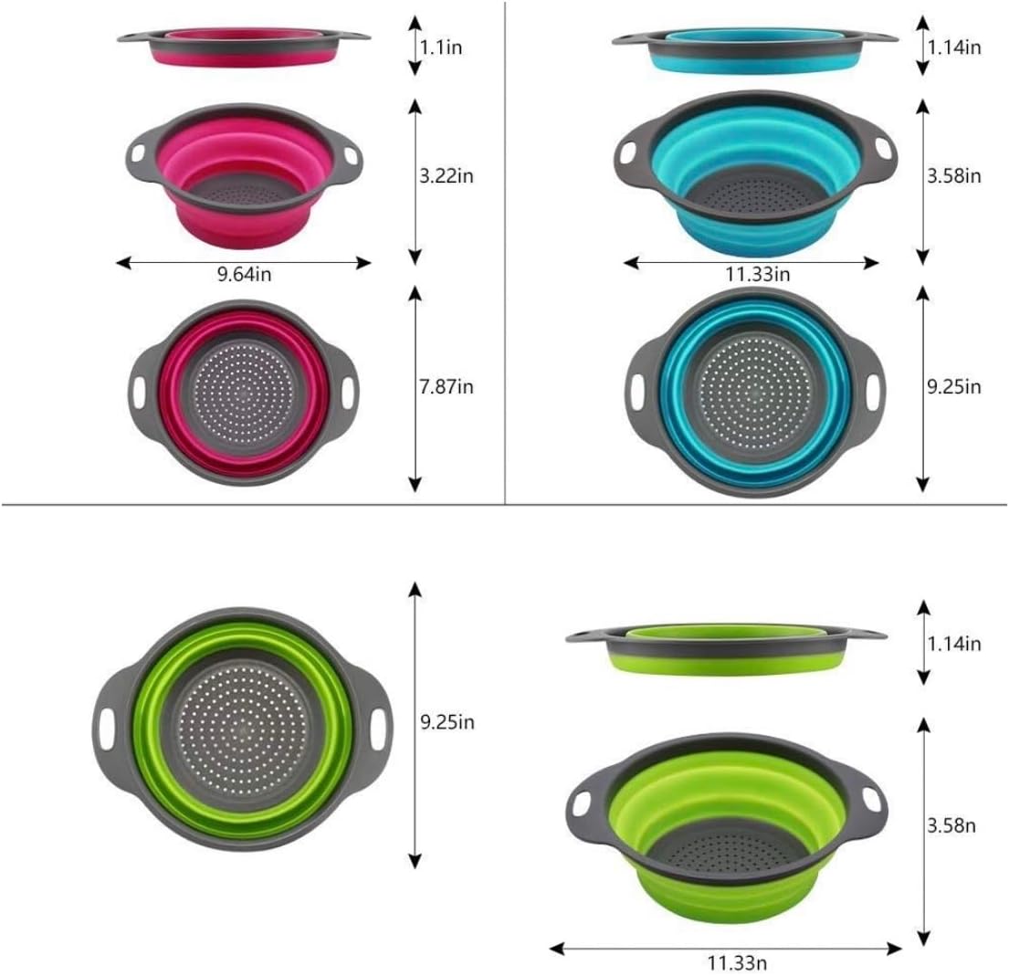 Set of 3 Niklye Ultimate Kitchen Strainers—1×10” & 2×12” Collapsible Silicone Colanders. Now more durable and robust for everyday use with pasta, veggies, fruit & more.