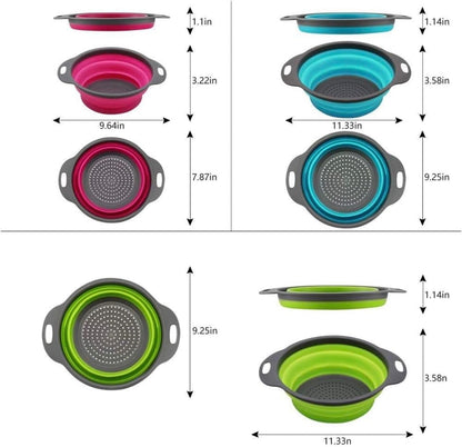 Set of 3 Niklye Ultimate Kitchen Strainers—1×10” & 2×12” Collapsible Silicone Colanders. Now more durable and robust for everyday use with pasta, veggies, fruit & more.