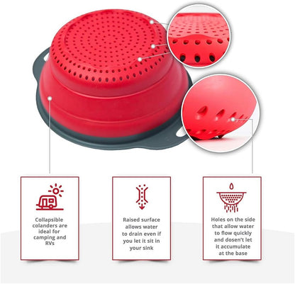 Set of 3 Niklye Ultimate Kitchen Strainers—1×10” & 2×12” Collapsible Silicone Colanders. Now more durable and robust for everyday use with pasta, veggies, fruit & more.
