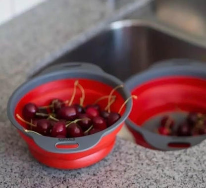 Set of 3 Niklye Ultimate Kitchen Strainers—1×10” & 2×12” Collapsible Silicone Colanders. Now more durable and robust for everyday use with pasta, veggies, fruit & more.
