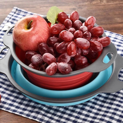 Set of 3 Niklye Ultimate Kitchen Strainers—1×10” & 2×12” Collapsible Silicone Colanders. Now more durable and robust for everyday use with pasta, veggies, fruit & more.