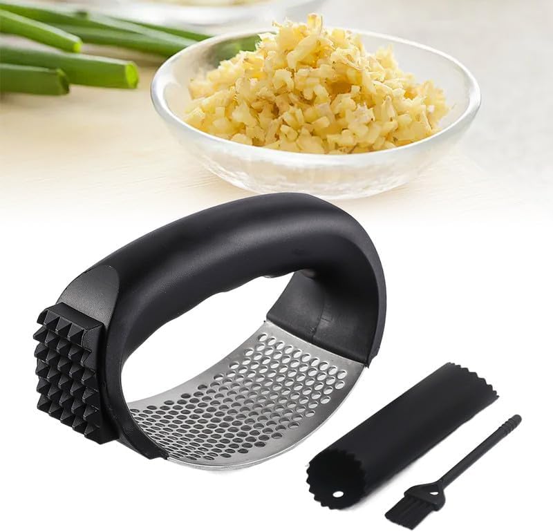 2025 New Upgraded Garlic Press Rocker, Stainless Steel Presser, Mincer Crusher Masher With Peeler and Cleaning Brush, Chopper for Smash Kitchen Gadgets Tools (Black)