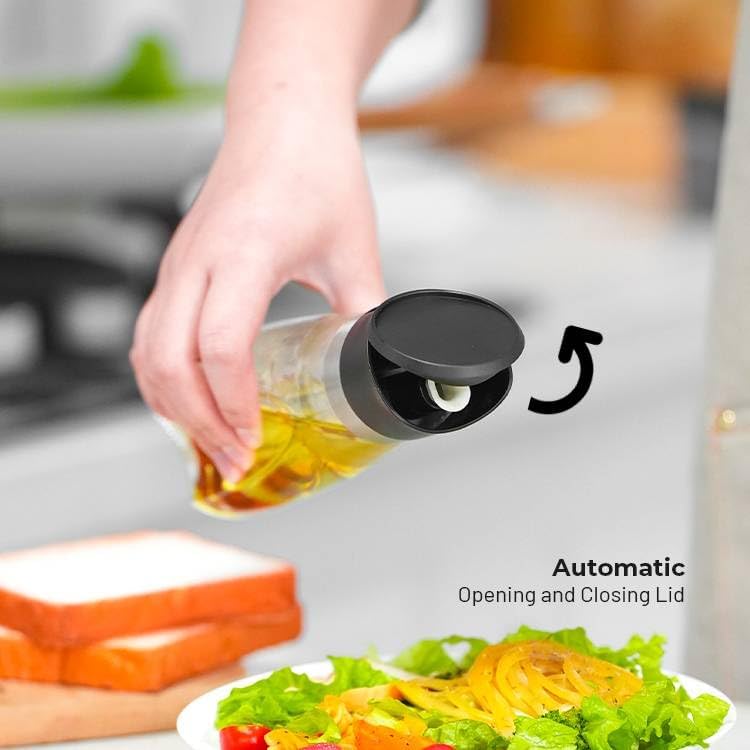 Premium Glass Olive Oil and Vinegar Dispenser Bottles Set, 2-Piece 11oz Kitchen Cooking Cruet with Auto-Open Lid, Non-Drip Pouring Spout, Oil Infuser Filter, Dishwasher Safe