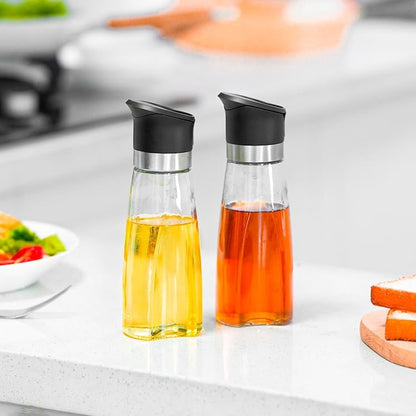 Premium Glass Olive Oil and Vinegar Dispenser Bottles Set, 2-Piece 11oz Kitchen Cooking Cruet with Auto-Open Lid, Non-Drip Pouring Spout, Oil Infuser Filter, Dishwasher Safe