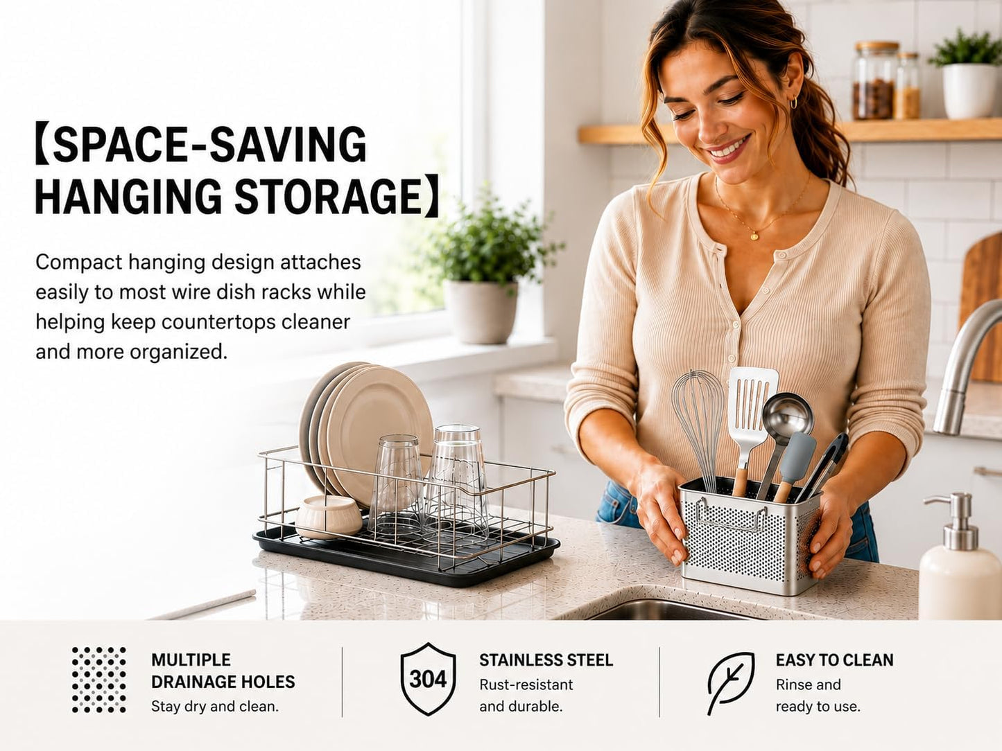 SUS 304 Silverware Basket for Dish Rack, Hanging Utensil Holder