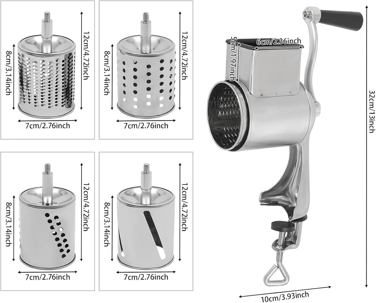5 in 1 Manual Stainless Steel Rotary Grater for Kitchen,Clamp Mount