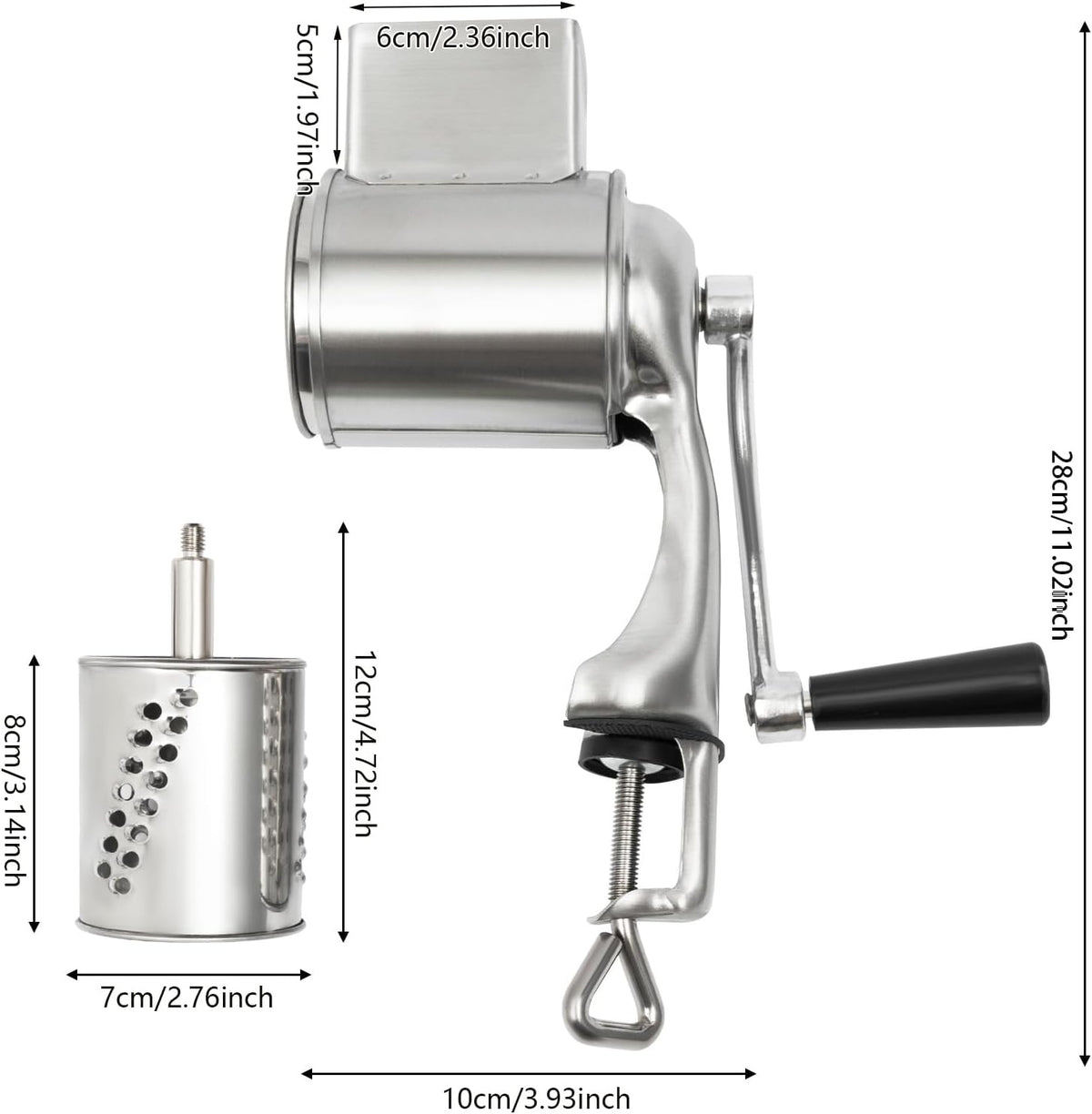 5 in 1 Manual Stainless Steel Rotary Grater for Kitchen,Clamp Mount
