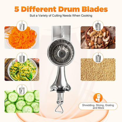 5 in 1 Manual Stainless Steel Rotary Grater for Kitchen,Clamp Mount