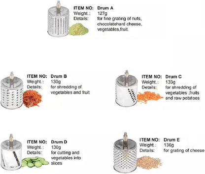 5 in 1 Manual Stainless Steel Rotary Grater for Kitchen,Clamp Mount