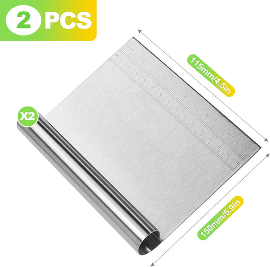 2 Pack Stainless Steel Dough Scraper Set with Measuring Marks for Baking and Pastry Cutting - Bench Scraper and Pastry Knife for Bread Dough and Kitchen Use