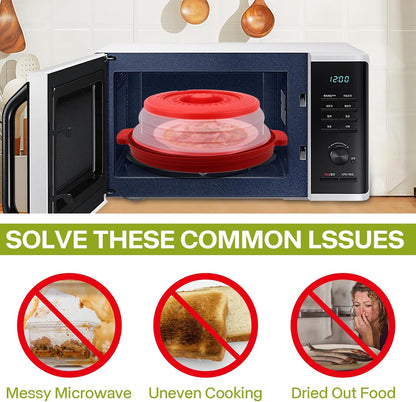 Microwave Splatter Cover for Food with Anti-scald Base Plate,Large Plastic & Silicone Vented Avoid Scalding Collapsible Guard Lid, Plate Holder & Kitchen Colander for Meal Prep-10.7 Inch (2 Pcs BRed)