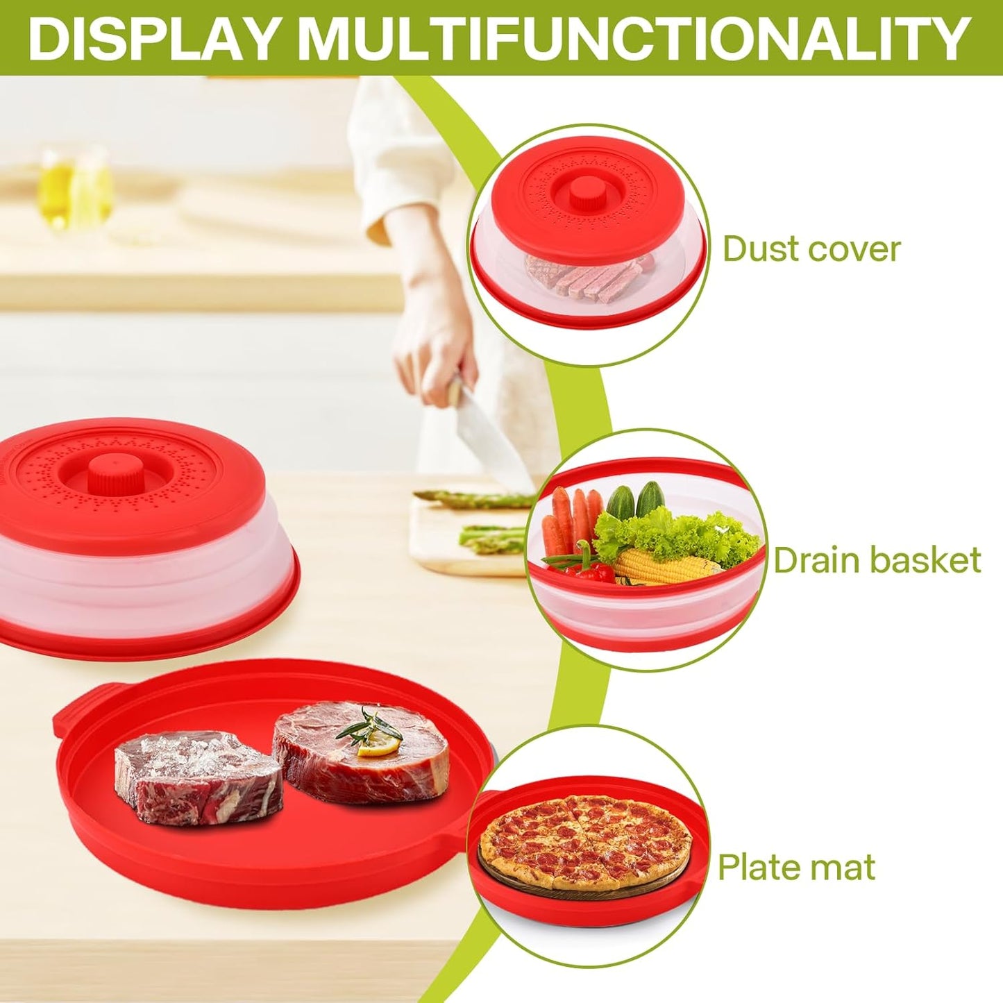 Microwave Splatter Cover for Food with Anti-scald Base Plate,Large Plastic & Silicone Vented Avoid Scalding Collapsible Guard Lid, Plate Holder & Kitchen Colander for Meal Prep-10.7 Inch (2 Pcs BRed)