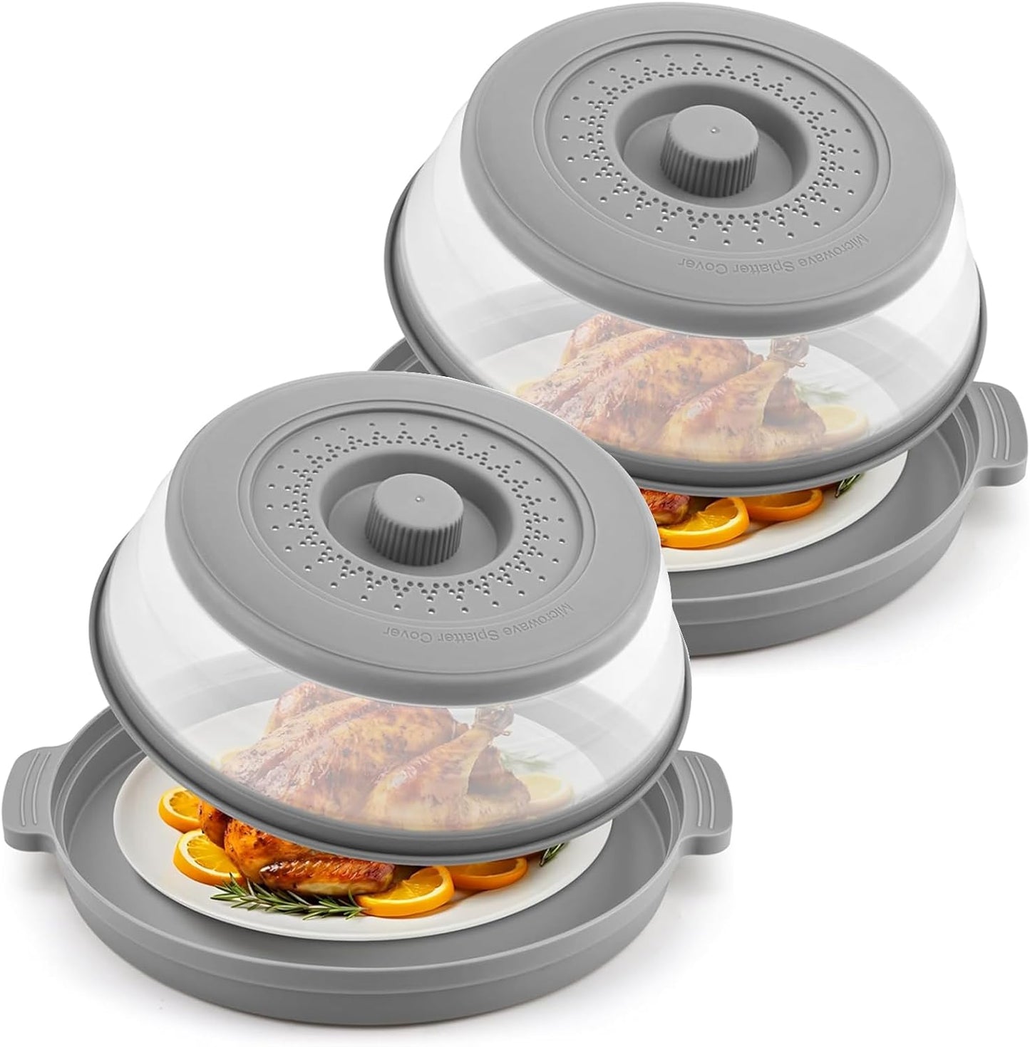 Microwave Splatter Cover for Food with Anti-scald Base Plate,Large Plastic & Silicone Vented Avoid Scalding Collapsible Guard Lid, Plate Holder & Kitchen Colander for Meal Prep-10.7 Inch (2 Pcs BRed)