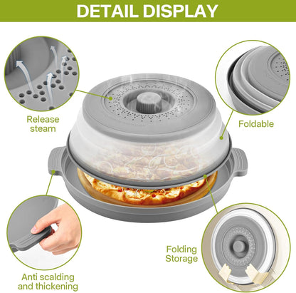 Microwave Splatter Cover for Food with Anti-scald Base Plate,Large Plastic & Silicone Vented Avoid Scalding Collapsible Guard Lid, Plate Holder & Kitchen Colander for Meal Prep-10.7 Inch (2 Pcs BRed)