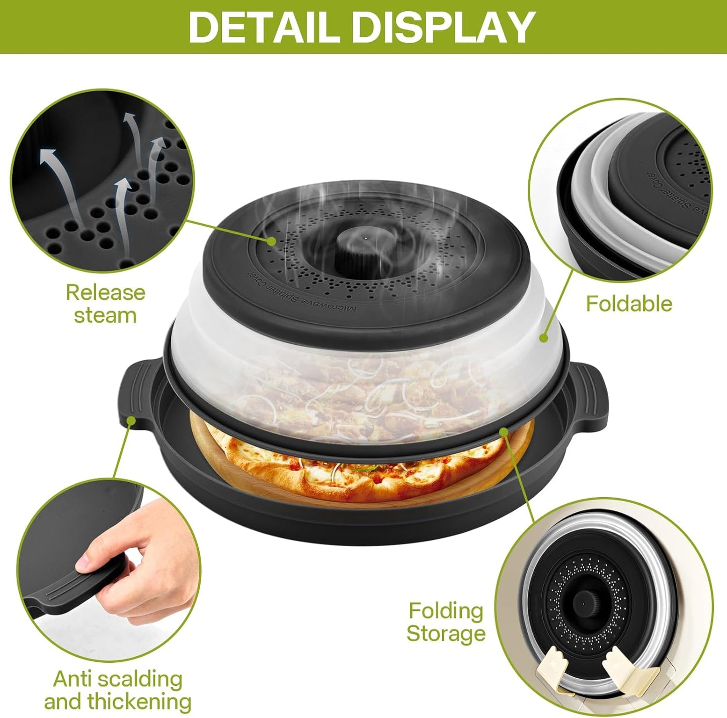 Microwave Splatter Cover for Food with Anti-scald Base Plate,Large Plastic & Silicone Vented Avoid Scalding Collapsible Guard Lid, Plate Holder & Kitchen Colander for Meal Prep-10.7 Inch (2 Pcs BRed)