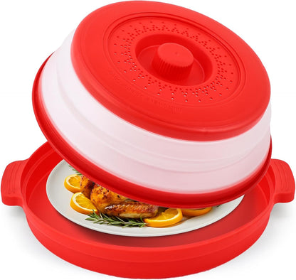 Microwave Splatter Cover for Food with Anti-scald Base Plate,Large Plastic & Silicone Vented Avoid Scalding Collapsible Guard Lid, Plate Holder & Kitchen Colander for Meal Prep-10.7 Inch (2 Pcs BRed)