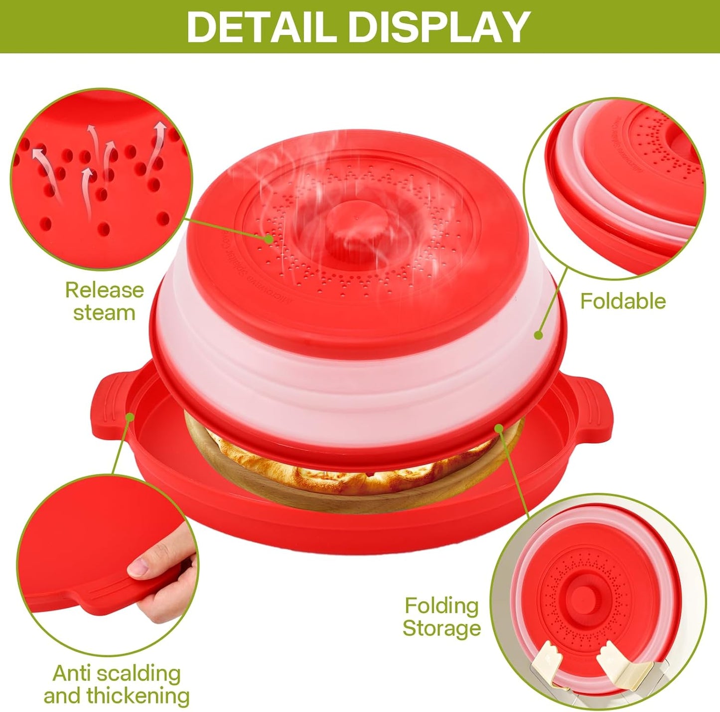 Microwave Splatter Cover for Food with Anti-scald Base Plate,Large Plastic & Silicone Vented Avoid Scalding Collapsible Guard Lid, Plate Holder & Kitchen Colander for Meal Prep-10.7 Inch (2 Pcs BRed)
