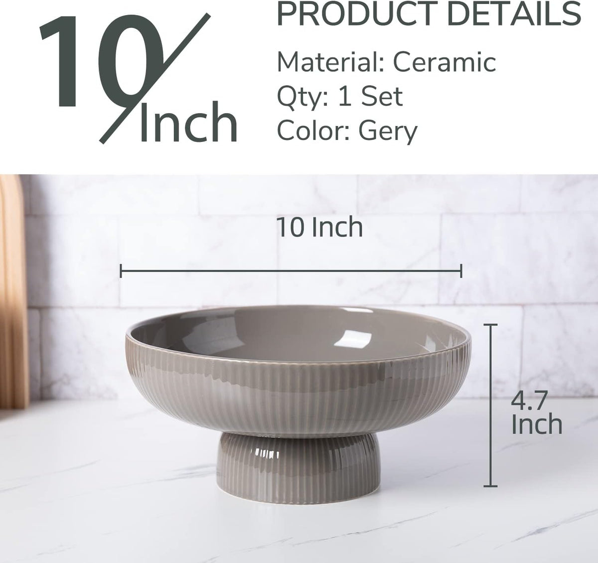 Ceramic Fruit Bowl for Kitchen Counter, Large Fruit Basket with Hole, Grey
