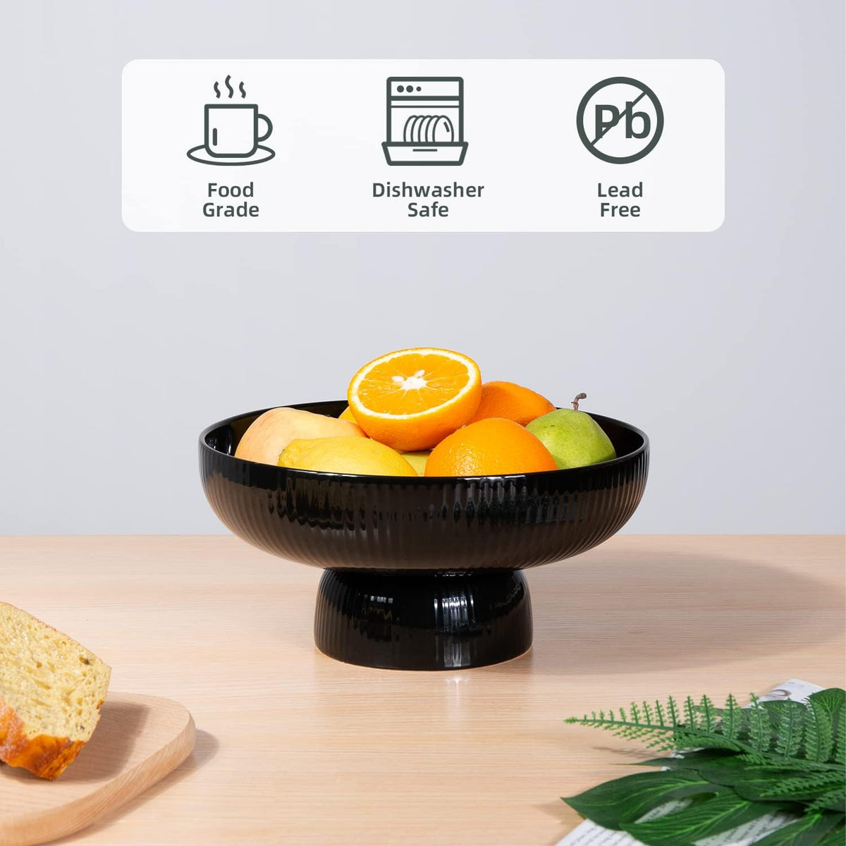 Ceramic Fruit Bowl for Kitchen Counter, Large Fruit Basket with Hole, Grey