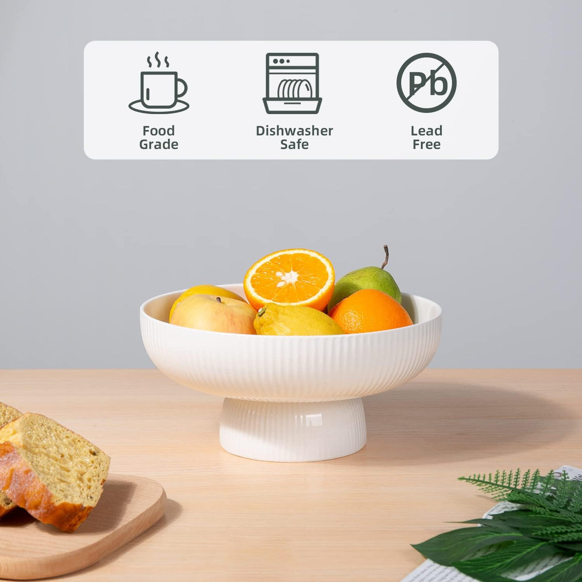 Ceramic Fruit Bowl for Kitchen Counter, Large Fruit Basket with Hole, Grey