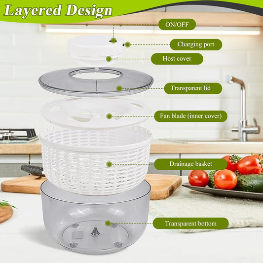 Electric Salad Spinner 6.3QT Large Capacity - Automatic Fast Drying Lettuce & Vegetable Spinner Serves 6-12 Persons with Squeeze Bottle, USB Rechargeable & Built-in Strainer