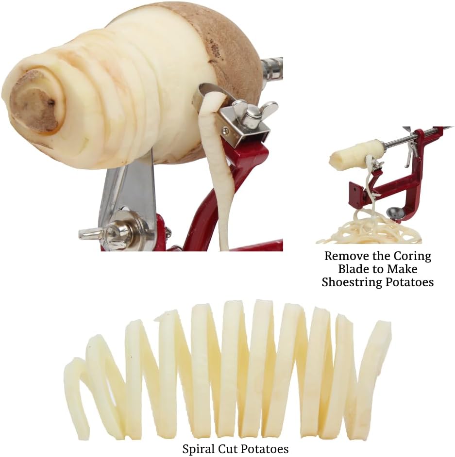 Heavy Duty Cast Iron Peeler with Stainless Steel Corer Slicer and Peeler Blades and a Strong Clamp Base, Apple Pie or Apple Crisp Maker