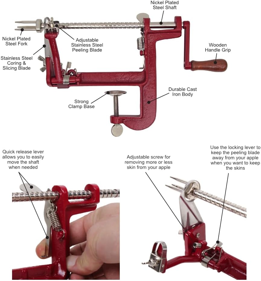 Heavy Duty Cast Iron Peeler with Stainless Steel Corer Slicer and Peeler Blades and a Strong Clamp Base, Apple Pie or Apple Crisp Maker