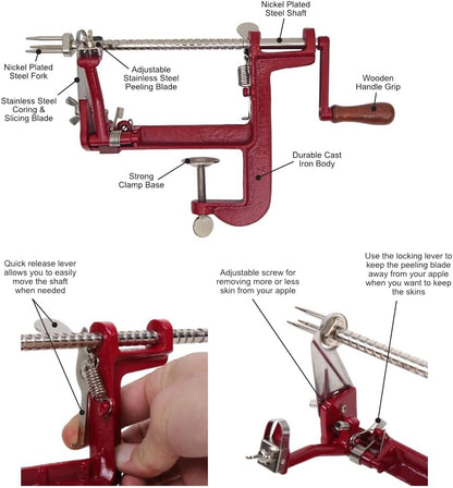 Heavy Duty Cast Iron Peeler with Stainless Steel Corer Slicer and Peeler Blades and a Strong Clamp Base, Apple Pie or Apple Crisp Maker