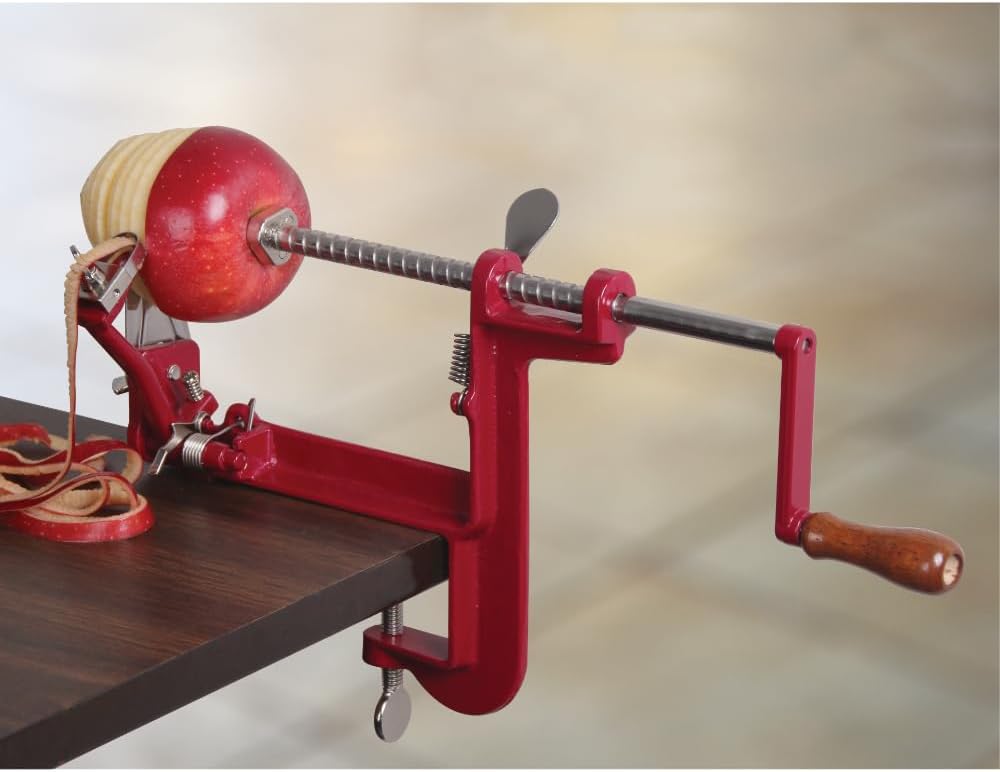 Heavy Duty Cast Iron Peeler with Stainless Steel Corer Slicer and Peeler Blades and a Strong Clamp Base, Apple Pie or Apple Crisp Maker