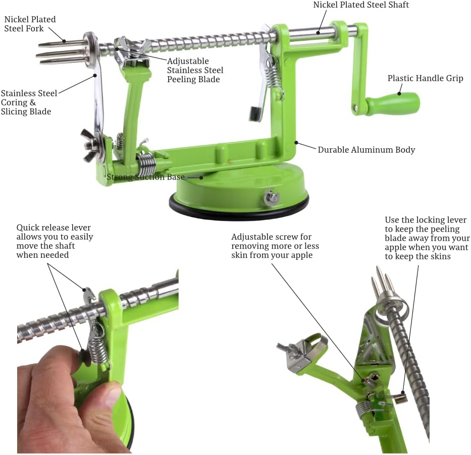 Heavy Duty Cast Iron Peeler with Stainless Steel Corer Slicer and Peeler Blades and a Strong Clamp Base, Apple Pie or Apple Crisp Maker