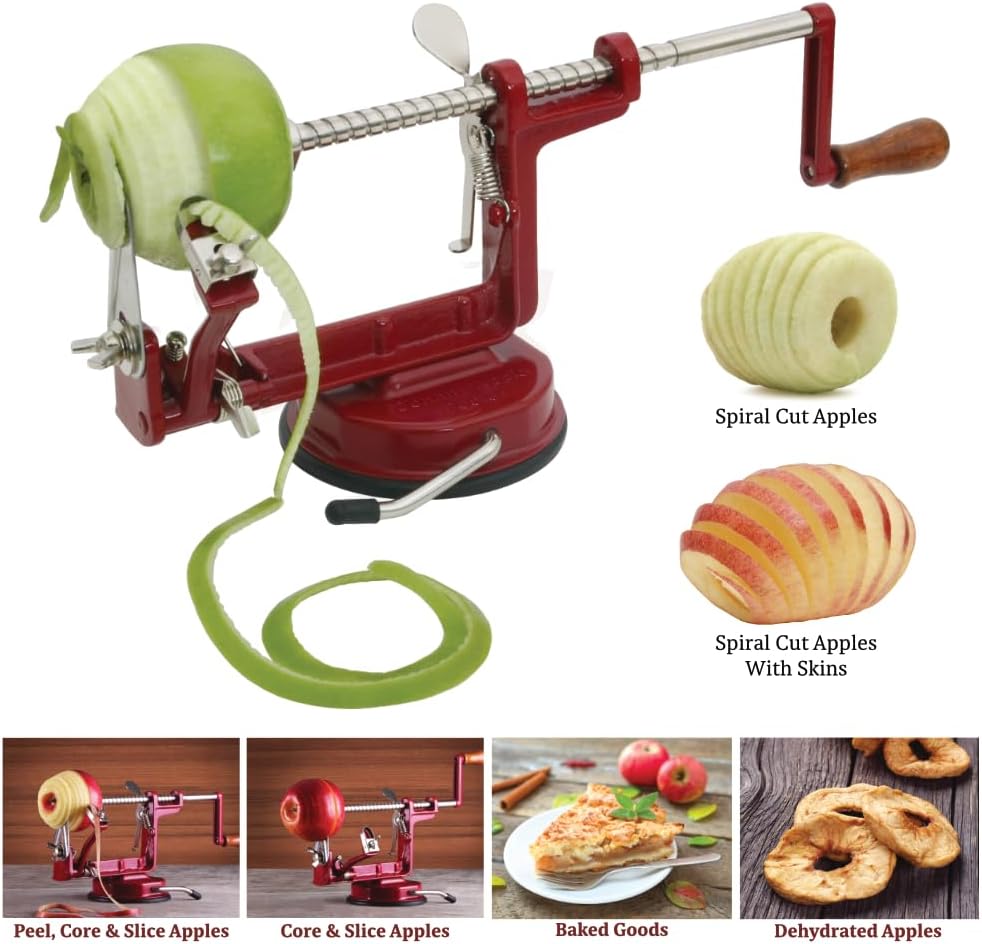 Heavy Duty Cast Iron Peeler with Stainless Steel Corer Slicer and Peeler Blades and a Strong Clamp Base, Apple Pie or Apple Crisp Maker