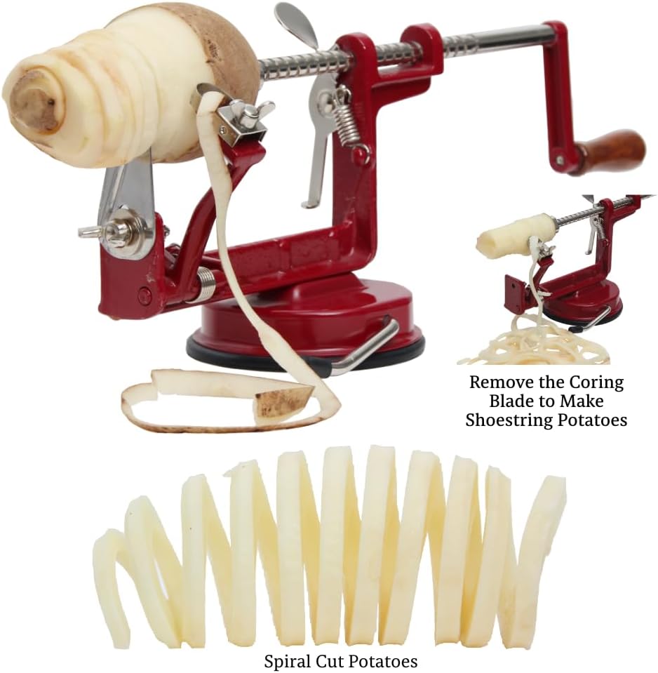 Heavy Duty Cast Iron Peeler with Stainless Steel Corer Slicer and Peeler Blades and a Strong Clamp Base, Apple Pie or Apple Crisp Maker