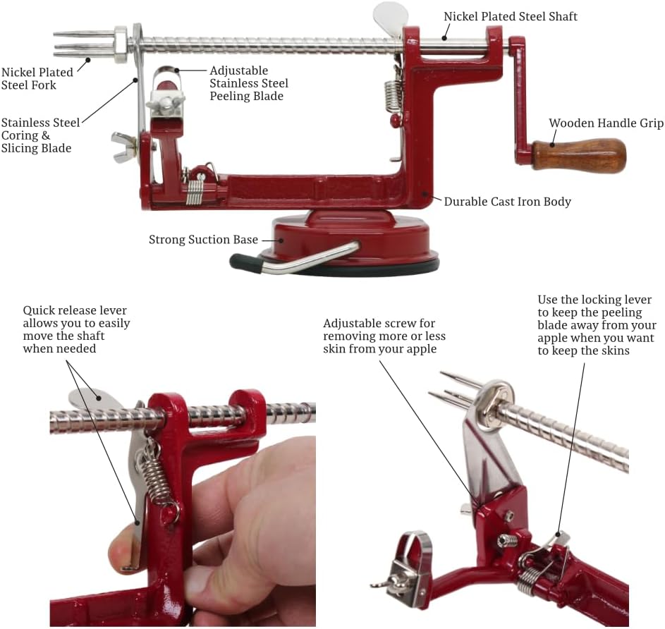 Heavy Duty Cast Iron Peeler with Stainless Steel Corer Slicer and Peeler Blades and a Strong Clamp Base, Apple Pie or Apple Crisp Maker