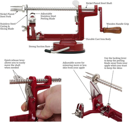 Heavy Duty Cast Iron Peeler with Stainless Steel Corer Slicer and Peeler Blades and a Strong Clamp Base, Apple Pie or Apple Crisp Maker