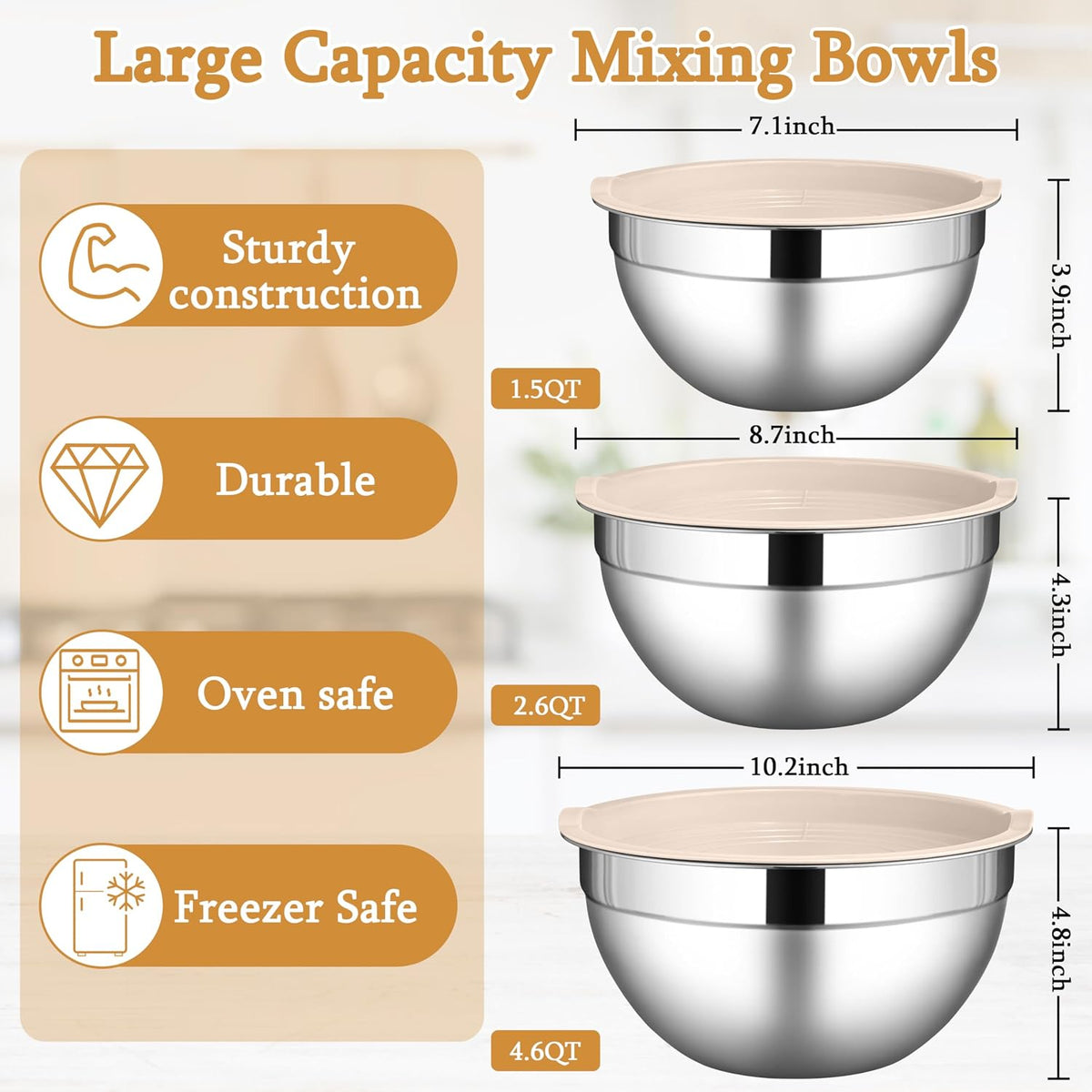 Mixing Bowls with Lids Set, 3 Packs Stainless Steel Metal Bowls