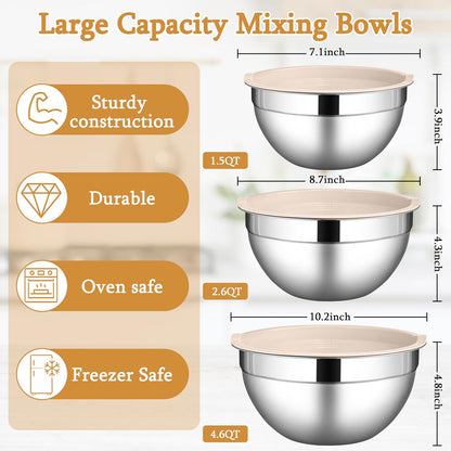 Mixing Bowls with Lids Set, 3 Packs Stainless Steel Metal Bowls