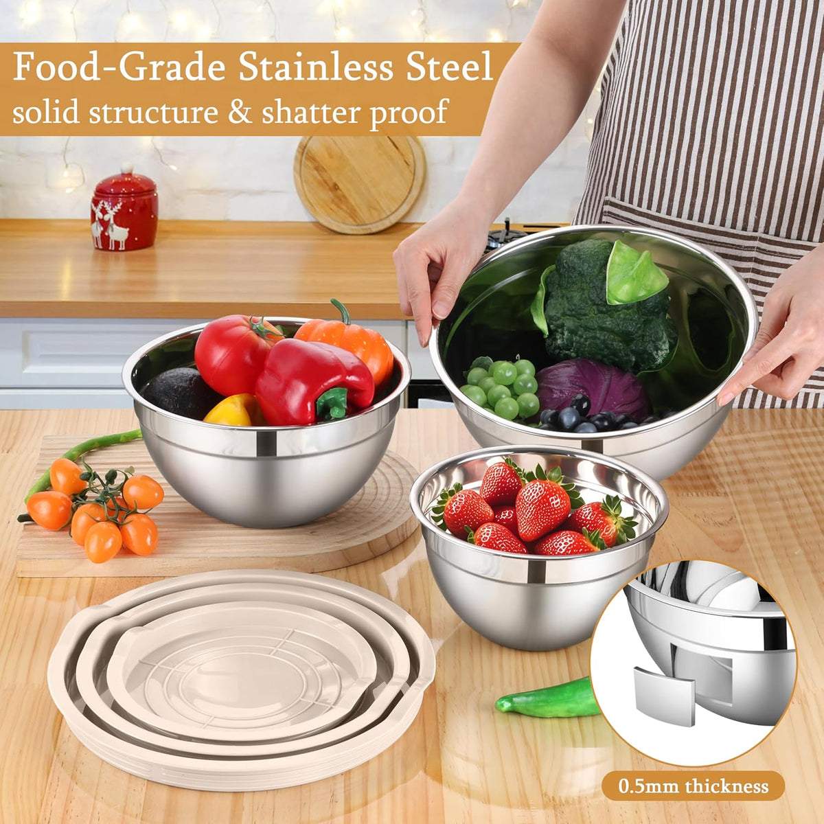 Mixing Bowls with Lids Set, 3 Packs Stainless Steel Metal Bowls