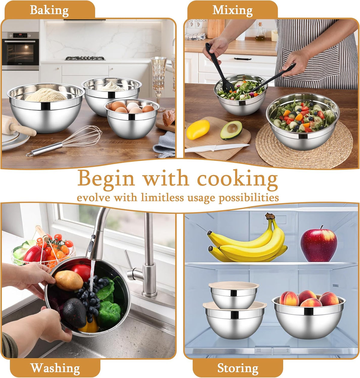 Mixing Bowls with Lids Set, 3 Packs Stainless Steel Metal Bowls