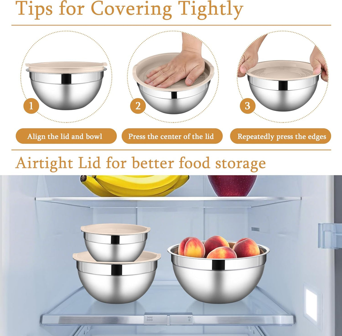 Mixing Bowls with Lids Set, 3 Packs Stainless Steel Metal Bowls