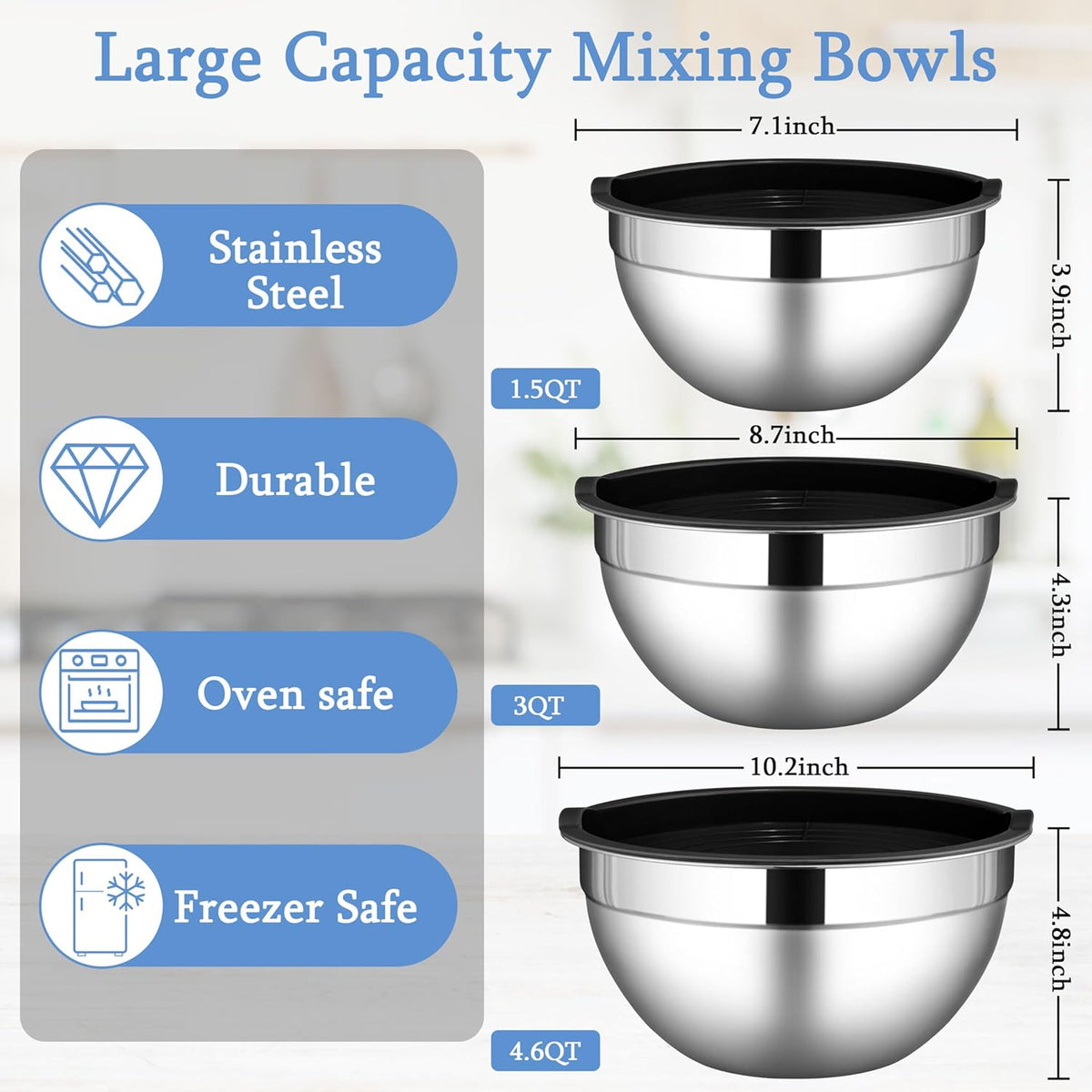 Mixing Bowls with Lids Set, 3 Packs Stainless Steel Metal Bowls