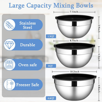 Mixing Bowls with Lids Set, 3 Packs Stainless Steel Metal Bowls