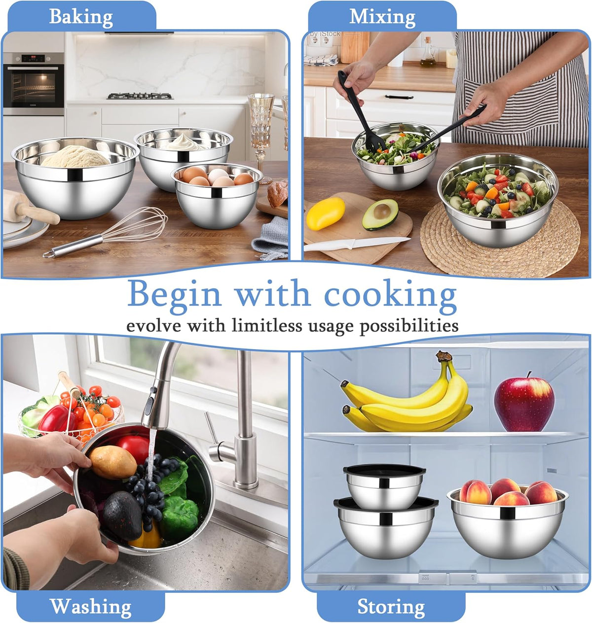 Mixing Bowls with Lids Set, 3 Packs Stainless Steel Metal Bowls