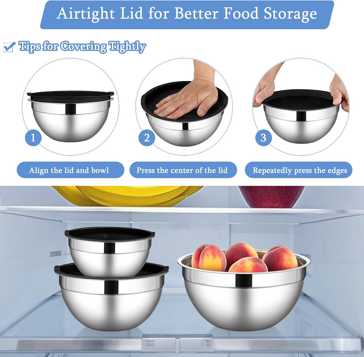 Mixing Bowls with Lids Set, 3 Packs Stainless Steel Metal Bowls