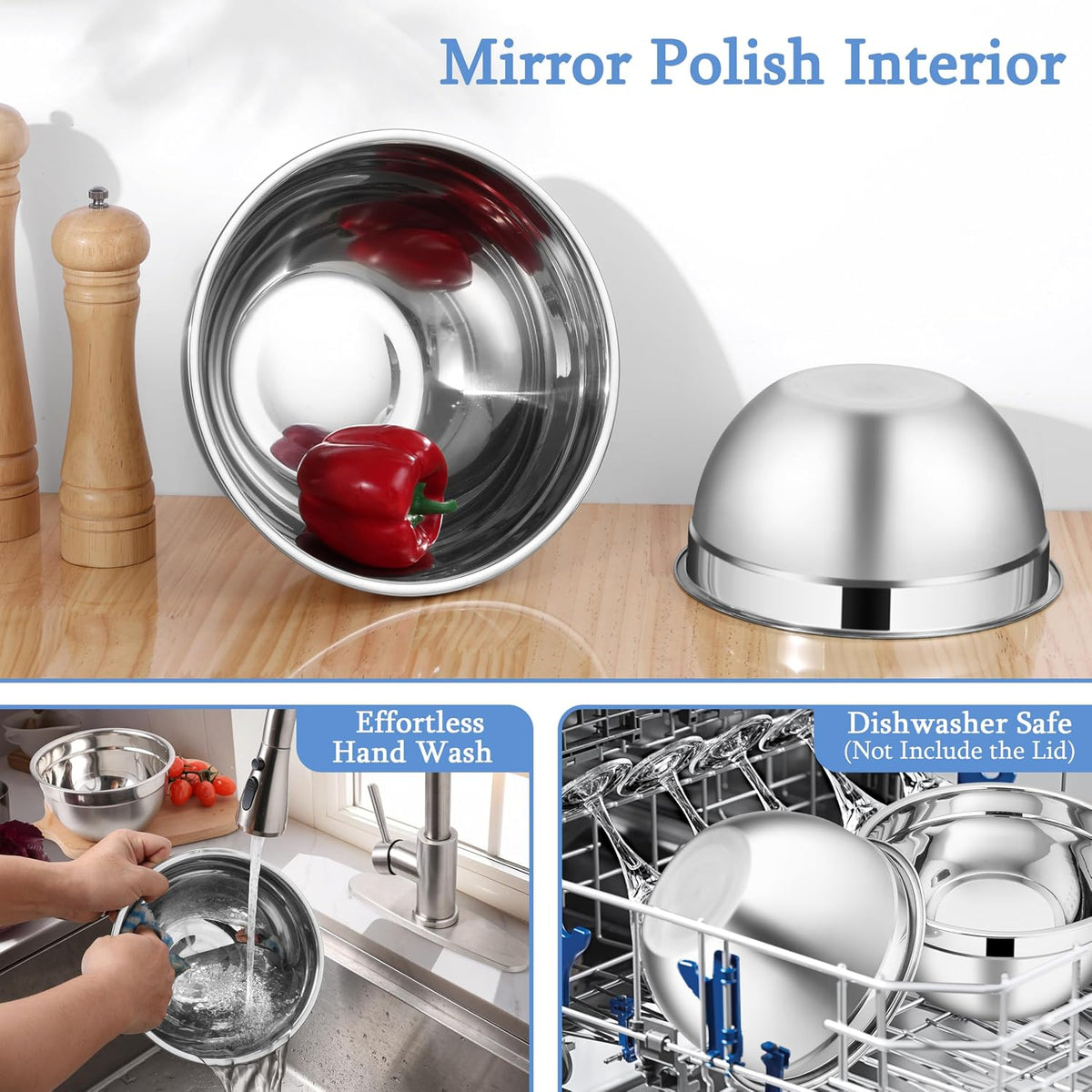 Mixing Bowls with Lids Set, 3 Packs Stainless Steel Metal Bowls