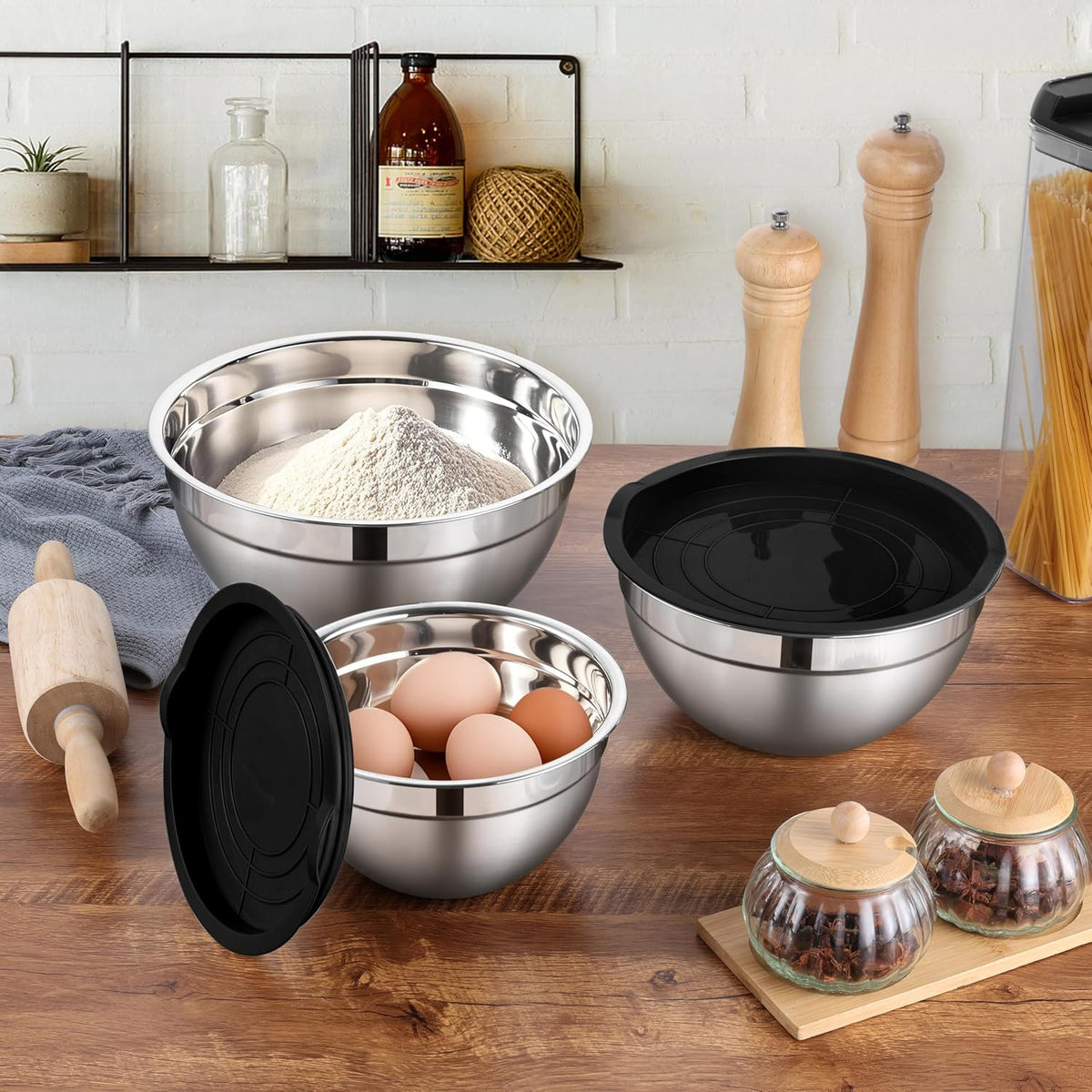 Mixing Bowls with Lids Set, 3 Packs Stainless Steel Metal Bowls