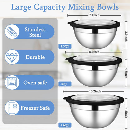 Mixing Bowls with Lids Set, 3 Packs Stainless Steel Metal Bowls