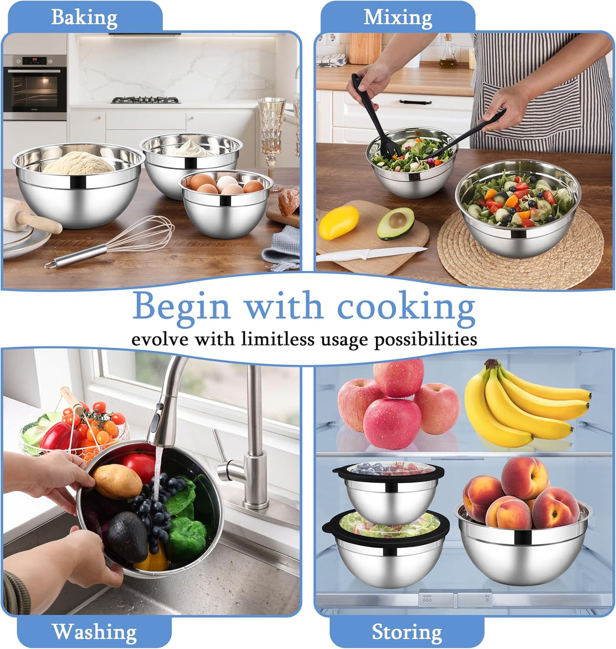 Mixing Bowls with Lids Set, 3 Packs Stainless Steel Metal Bowls