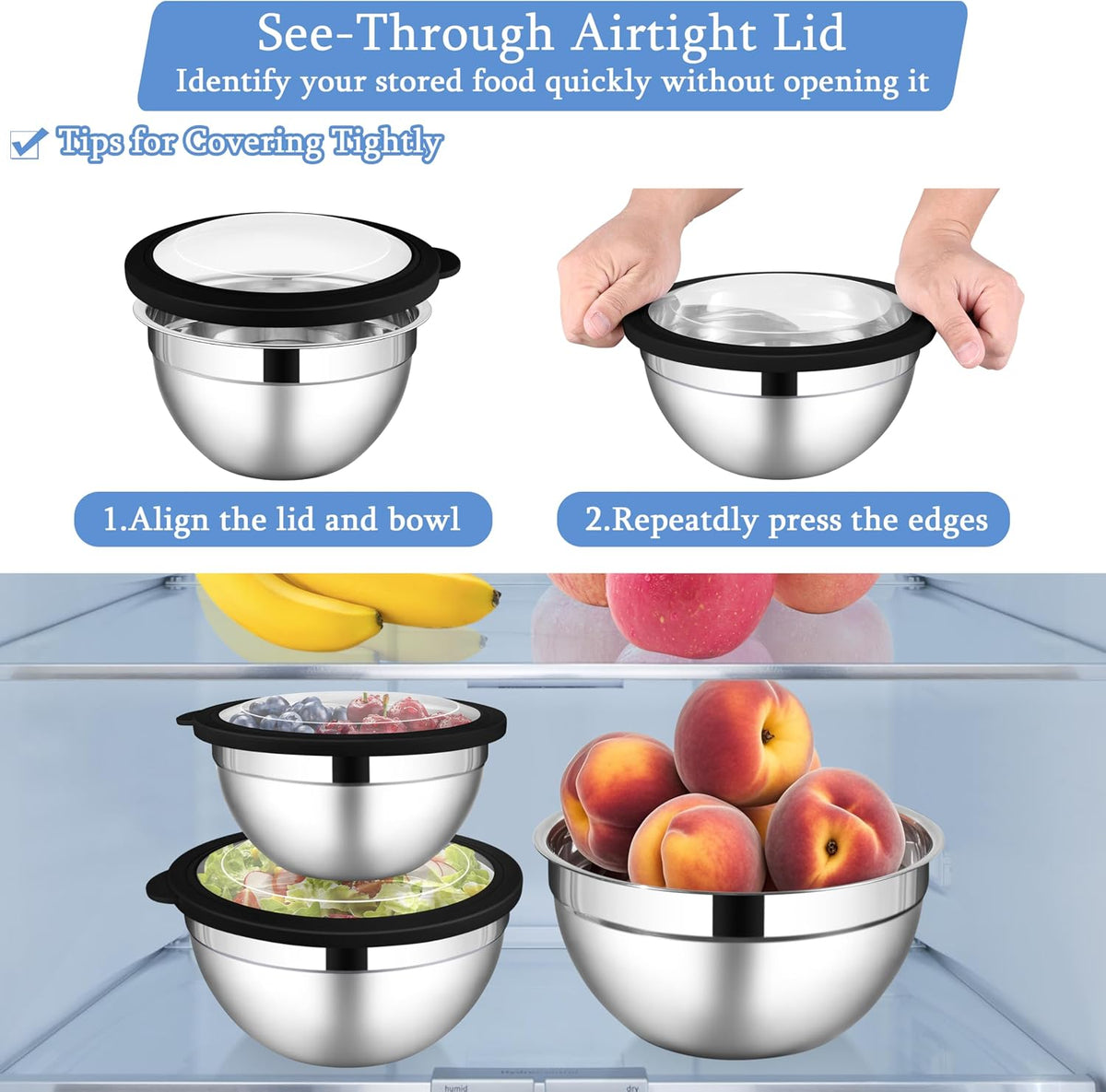 Mixing Bowls with Lids Set, 3 Packs Stainless Steel Metal Bowls